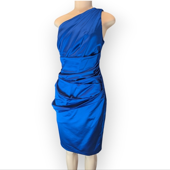 David's Bridal One Shoulder Asymmetrical Ruched Horizon Blue Cocktail Dress 16 - Picture 6 of 16